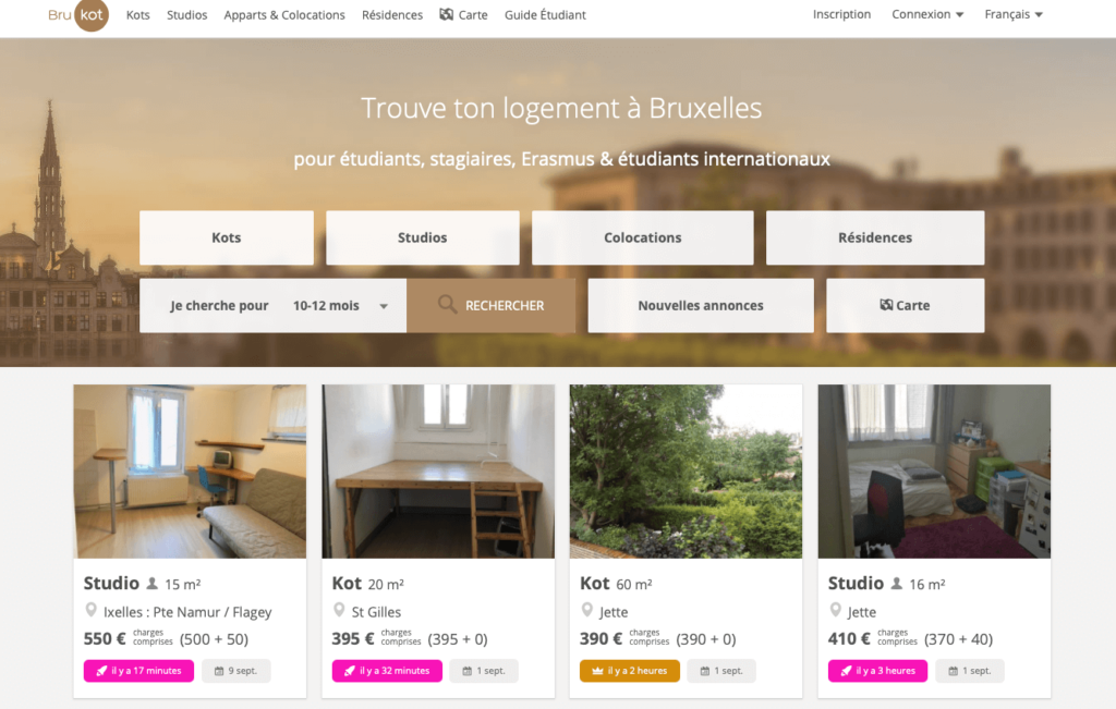 écran de recherche sur Brukot, le site pour trouver un kot à Bruxelles