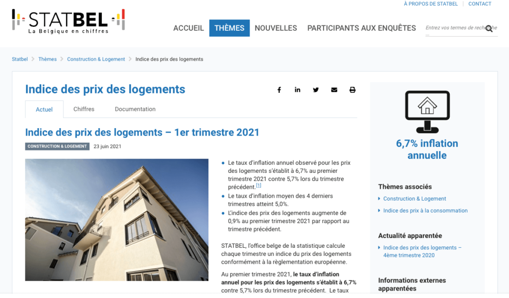 indice des prix de l'immobilier sur le site statbel