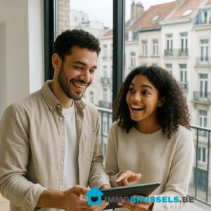 deux jeunes adultes souriants (un couple mixte, environ 25-30 ans) visitant un appartement moderne à Bruxelles. Ils tiennent une tablette et discutent avec enthousiasme, devant une grande baie vitrée donnant sur des immeubles bruxellois.