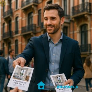 Een moderne vastgoedmakelaar die A5-flyers uitdeelt voor een elegant residentieel gebouw in Brusselse stijl (gevels in baksteen, smeedijzeren balkons). De flyer in de hand toont de foto van een appartement dat te koop staat.