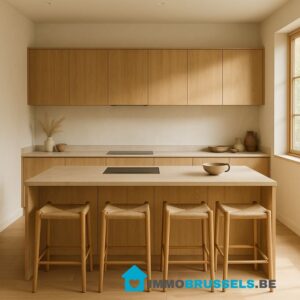 Scandinavian-Japandi style kitchen interior, warm natural light, wooden cabinets in light oak, central kitchen island with bar stools, composiet countertop in soft beige, integrated induction cooktop with built-in vent
