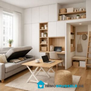 A modern, minimalist interior showcasing smart space optimization in a small apartment, custom built-in wall cabinets reaching the ceiling, multifunctional furniture like a sofa with storage and a foldable table, bright natural light, clean and airy atmosphere, Scandinavian design style, neutral colors (white, beige, light wood), perfectly organized space, cozy yet spacious feeling