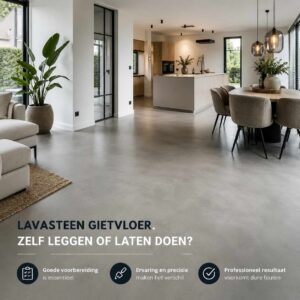 Lavasteen gietvloer in moderne nieuwbouwwoning met strakke afwerking