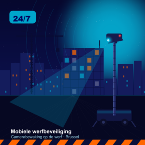 chantier bruxellois de nuit + unité de caméra mobile, cône de détection, badge 24/7