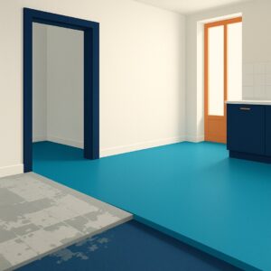 Doorlopende gietvloer in een gerenoveerd Brussels appartement, naast de uitgebroken ondergrond met lijmresten