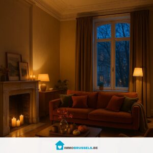 Gezellige woonkamer in een Brussels herenhuis in de herfst, met warme lampen, fluwelen bank en herfstdecoratie